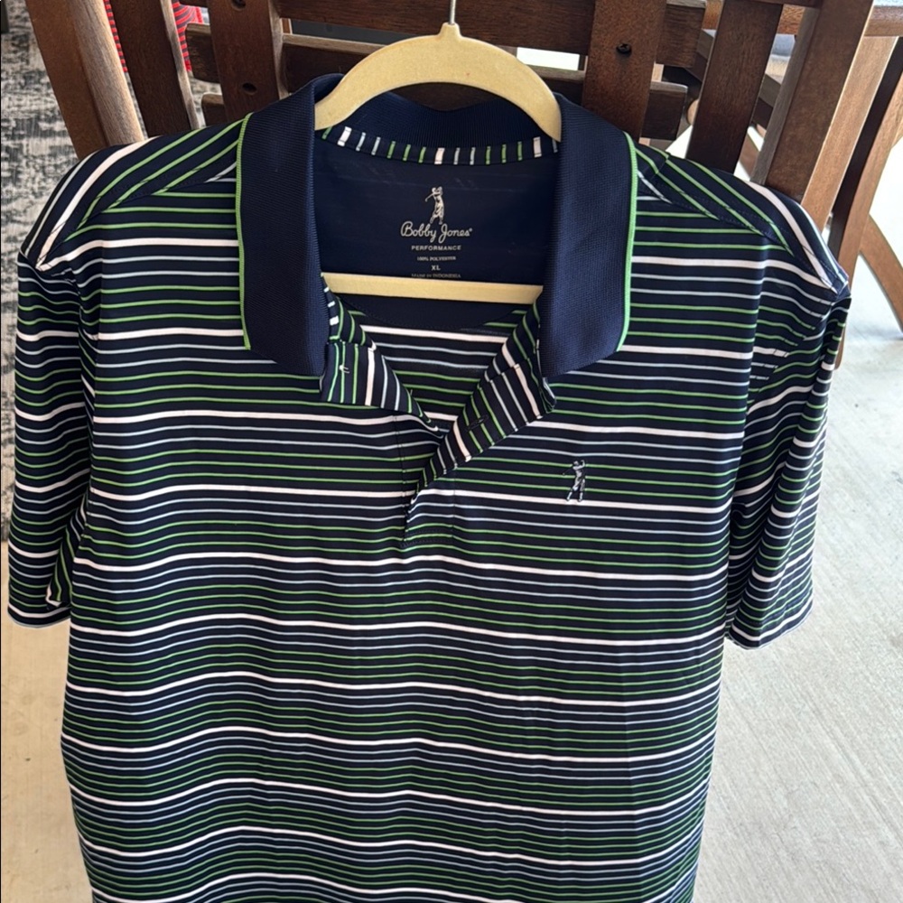 Bobby Jones Golf Shirt. Navy and Green Striped Polo